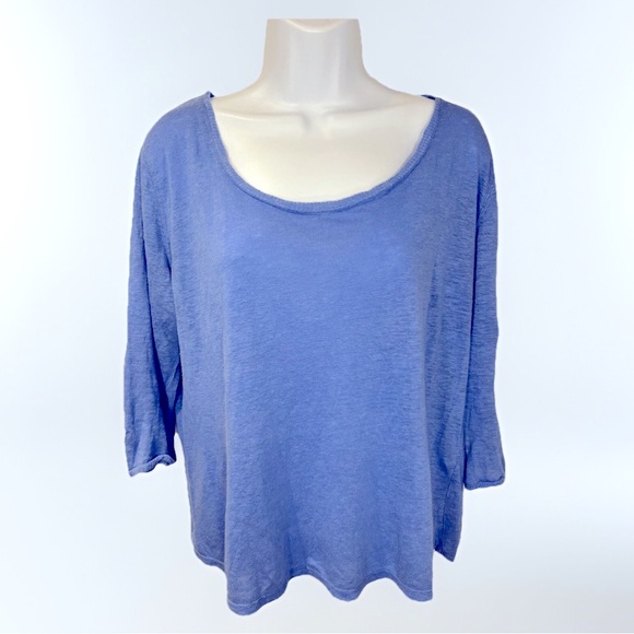 Poetry 100% Linen Top 3/4 blue scoop boat neck tunic lightweight sz 10 Medium - Picture 1 of 9
